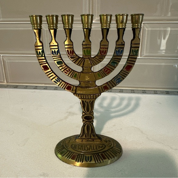 Brass Menorah Marked Jerusalem And Holy Land - Picture 1 of 6